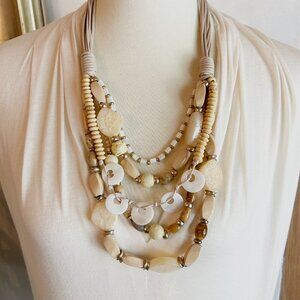 Chico's Multi-Strand Tan & White Necklace w Mother Of Pearl Boho NWT